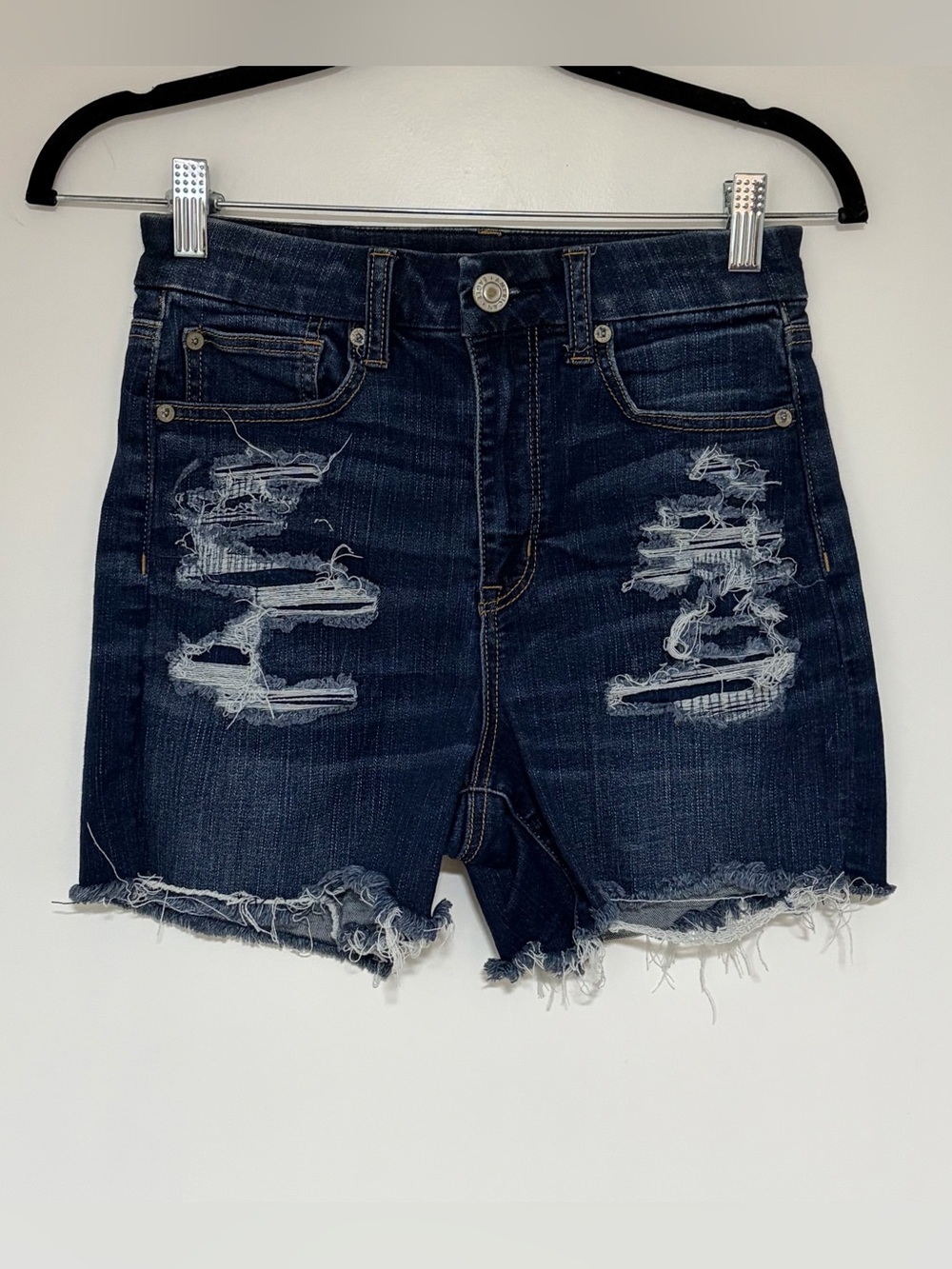 American Eagle Women’s Curvy Hi Rise Distressed Blue Denim Jean Shorts Size 4